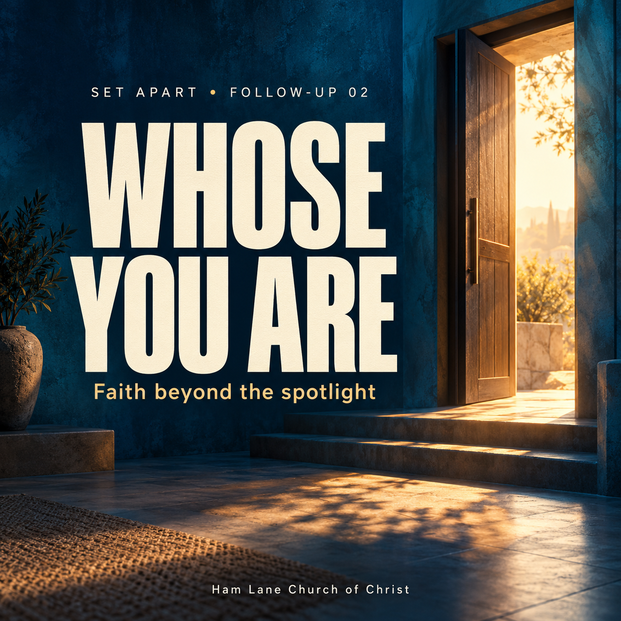 Warm light through an open doorway in a deep teal room. Large words read Whose You Are: Faith beyond the spotlight. SET APART follow-up 02, Ham Lane Church of Christ.