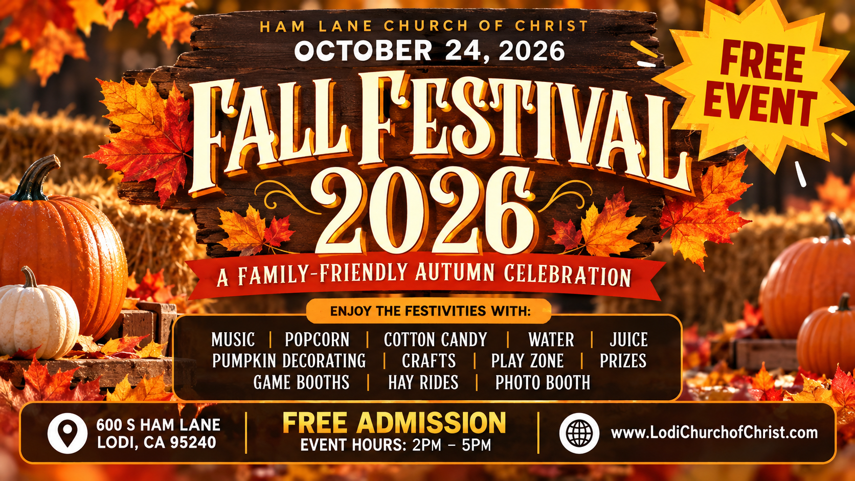 Fall Festival 2026 at Ham Lane Church of Christ. Pumpkins and autumn leaves frame the announcement; event details follow.