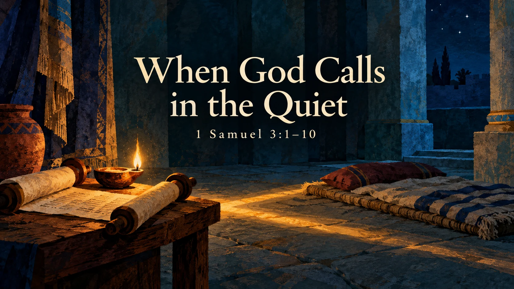 A small lamp beside an open scroll and sleeping mat in a quiet blue-green sanctuary beneath the title When God Calls in the Quiet and reference 1 Samuel 3:1–10.