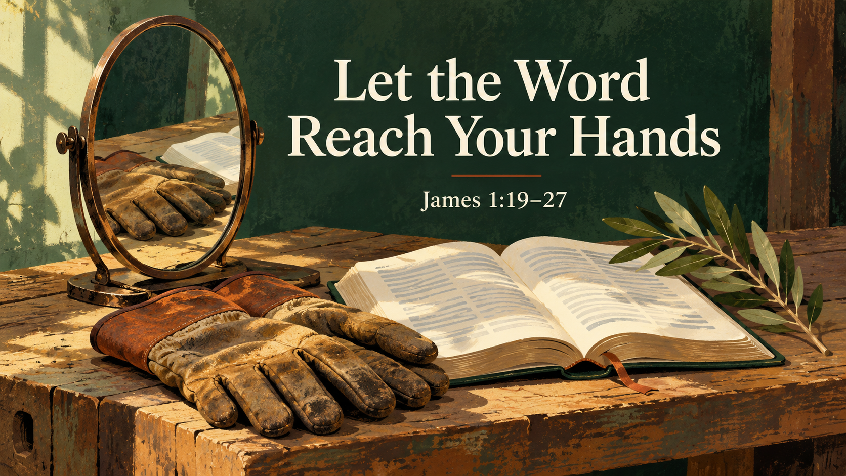 An oval mirror reflects work gloves and an open book on a workbench beneath the title Let the Word Reach Your Hands and reference James 1:19–27.