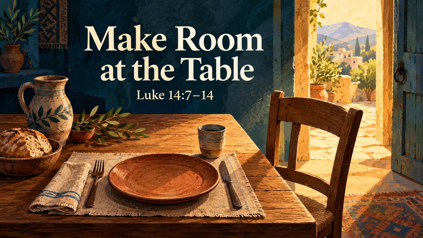 An open place setting and pulled-out chair beside a sunlit doorway, with the title Make Room at the Table and reference Luke 14:7–14.