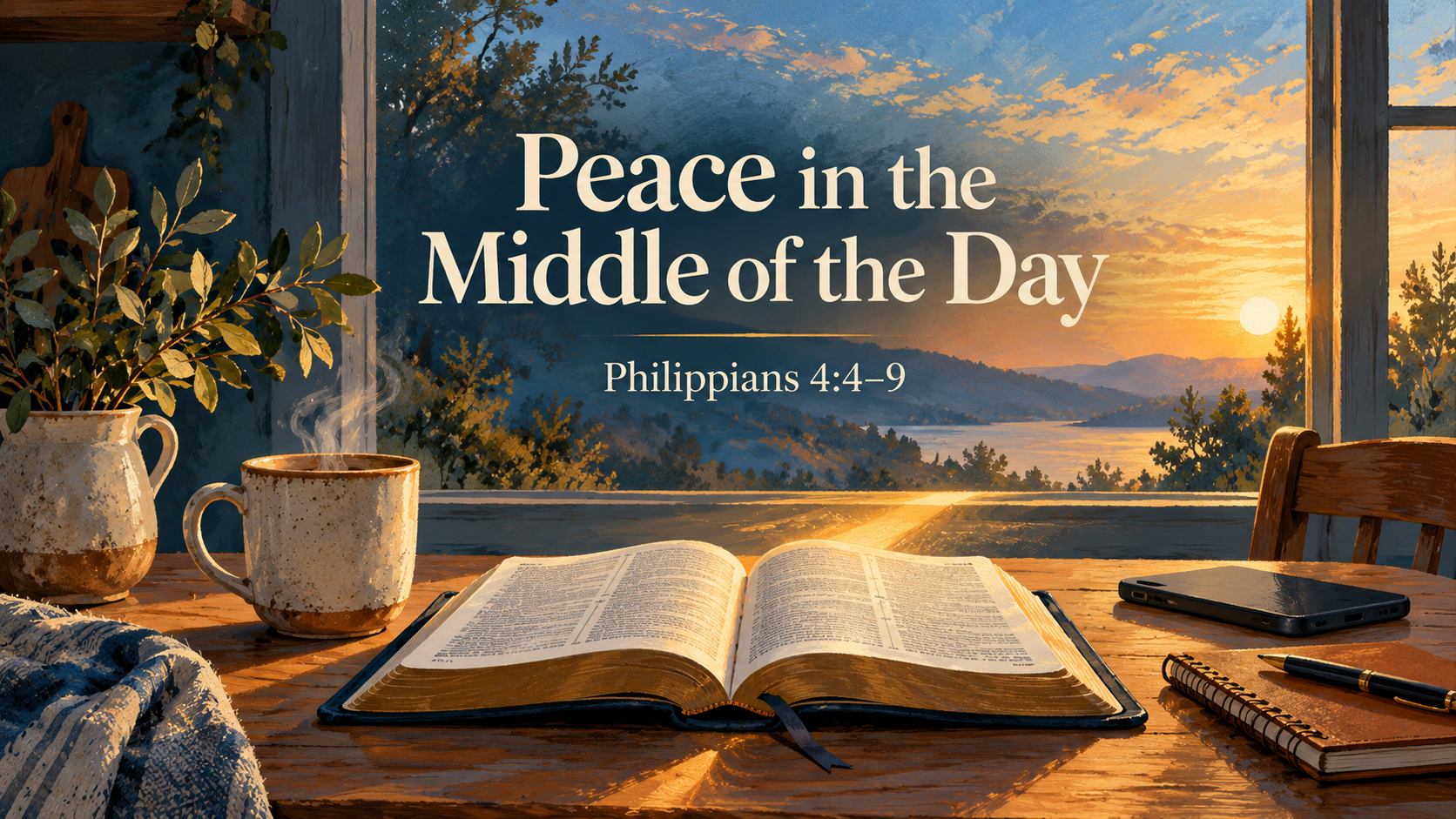 Painterly dawn kitchen table with an open Bible, warm cup, phone, and bright path through a window, titled Peace in the Middle of the Day, Philippians 4:4–9.