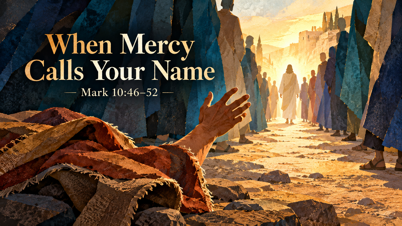 Painterly landscape illustration of an open hand reaching toward Jesus and a bright path through a crowd, titled When Mercy Calls Your Name, Mark 10:46–52.